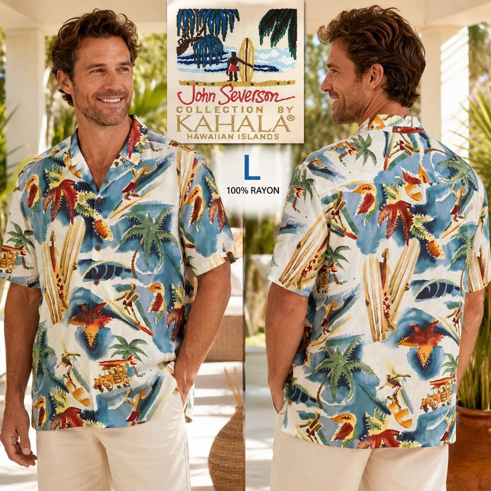 John Severson Kahala Mens Large Hawaiian Surf Print Shirt Blue Woodie Wagon